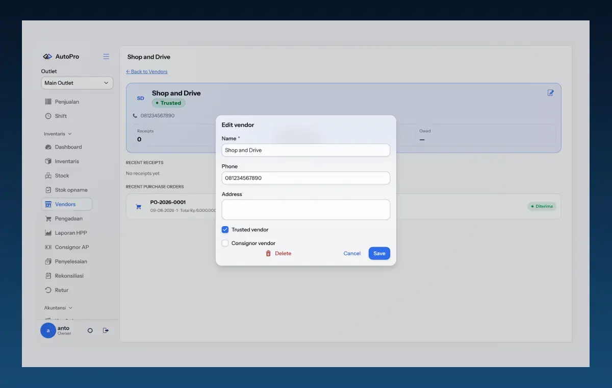 Preview Vendor dan Pembelian AutoPro
